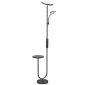 Lámpara de pie LED negra con luz principal, luz de lectura orientable y balda redonda, vista frontal