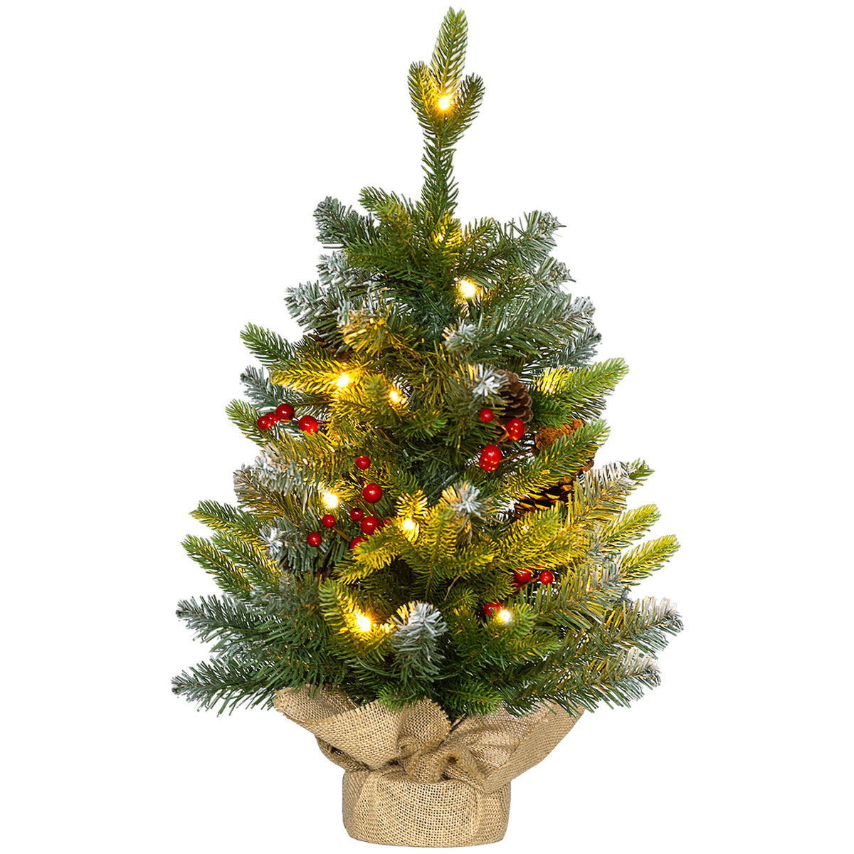 Árbol de Navidad de mesa con luces LED encendidas, vista frontal
