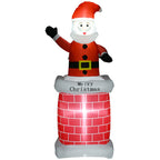 Papá Noel hinchable en chimenea con el cartel Merry Christmas, vista completa sobre fondo blanco