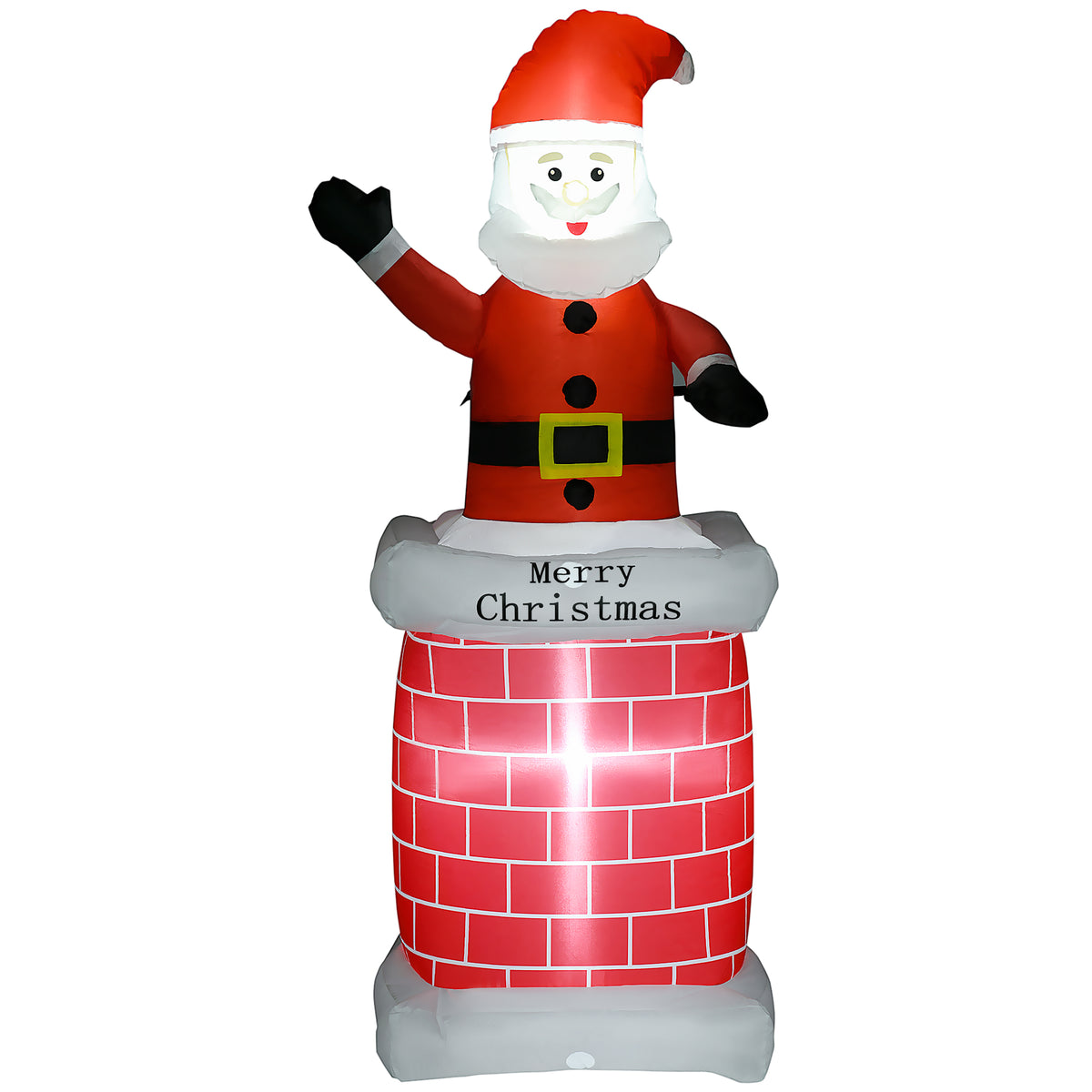 Papá Noel hinchable en chimenea con el cartel Merry Christmas, vista completa sobre fondo blanco