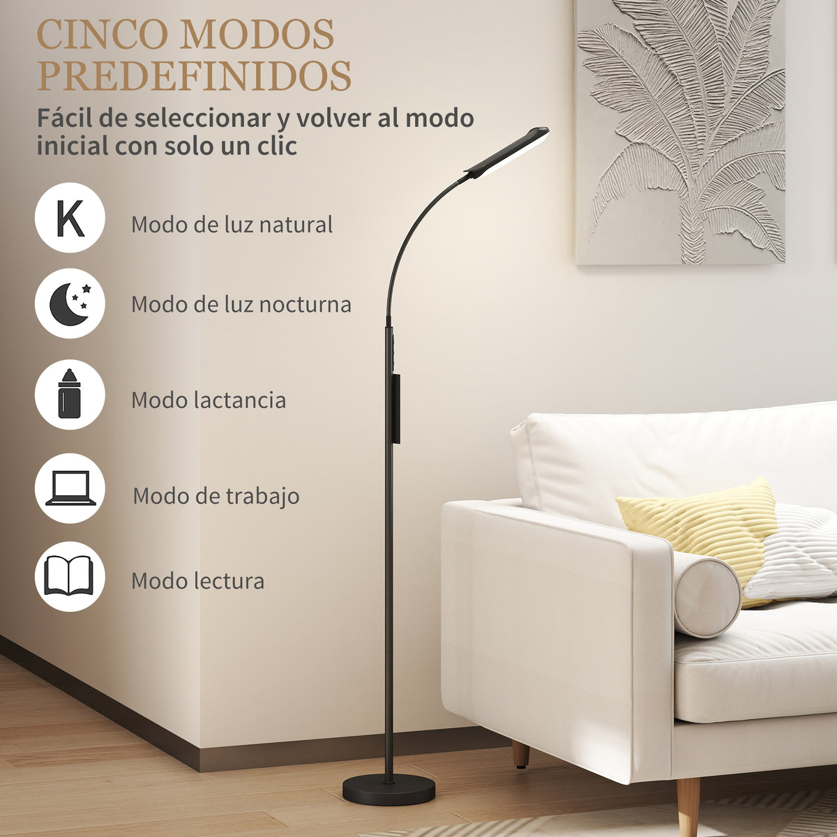 Cinco modos de luz: lectura, trabajo, noche, lactancia y natural