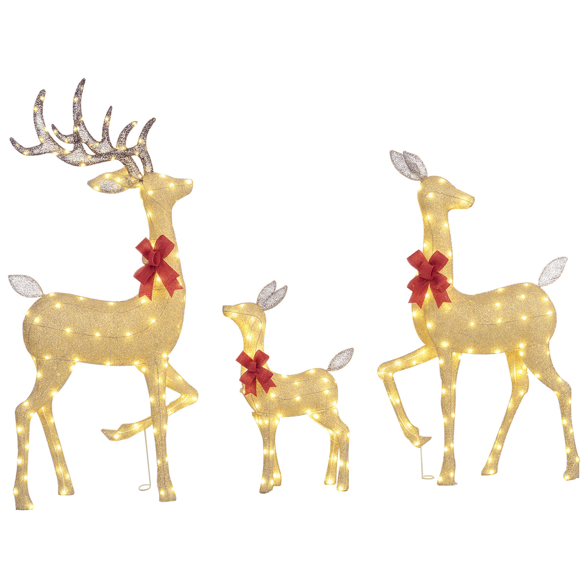 Familia de 3 ciervos luminosos dorados con lazo rojo, vista de frente sobre fondo blanco