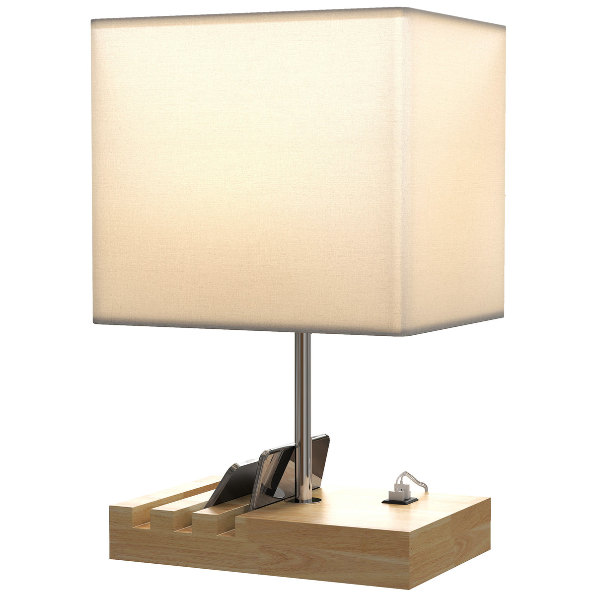 Lámpara de mesa con base de madera, vista frontal