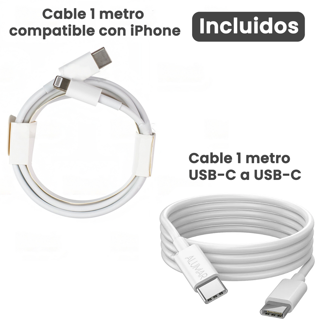 Los dos cables incluidos con el cargador ALUMAR 20W: USB-C a Lightning y USB-C a USB-C