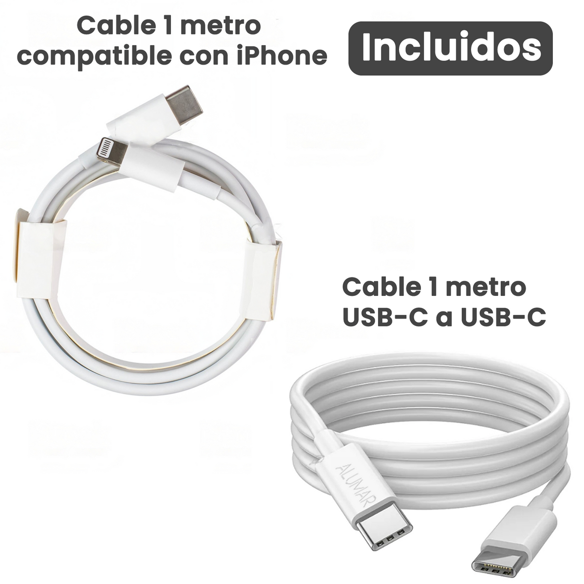 Los dos cables incluidos con el cargador ALUMAR 20W: USB-C a Lightning y USB-C a USB-C
