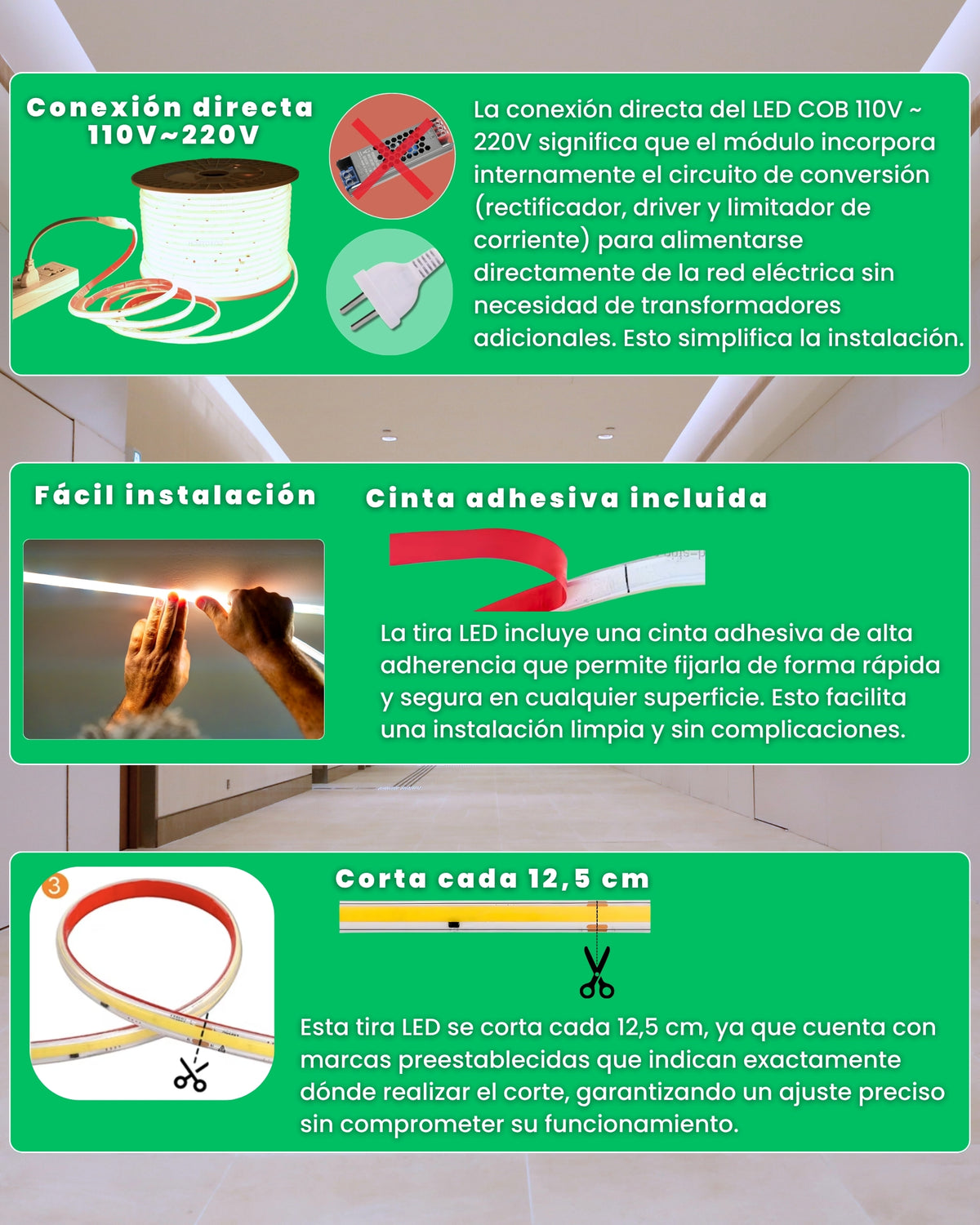 Tira LED COB con conexión directa a 220 V, cinta adhesiva incluida y marcas de corte cada 12,5 cm