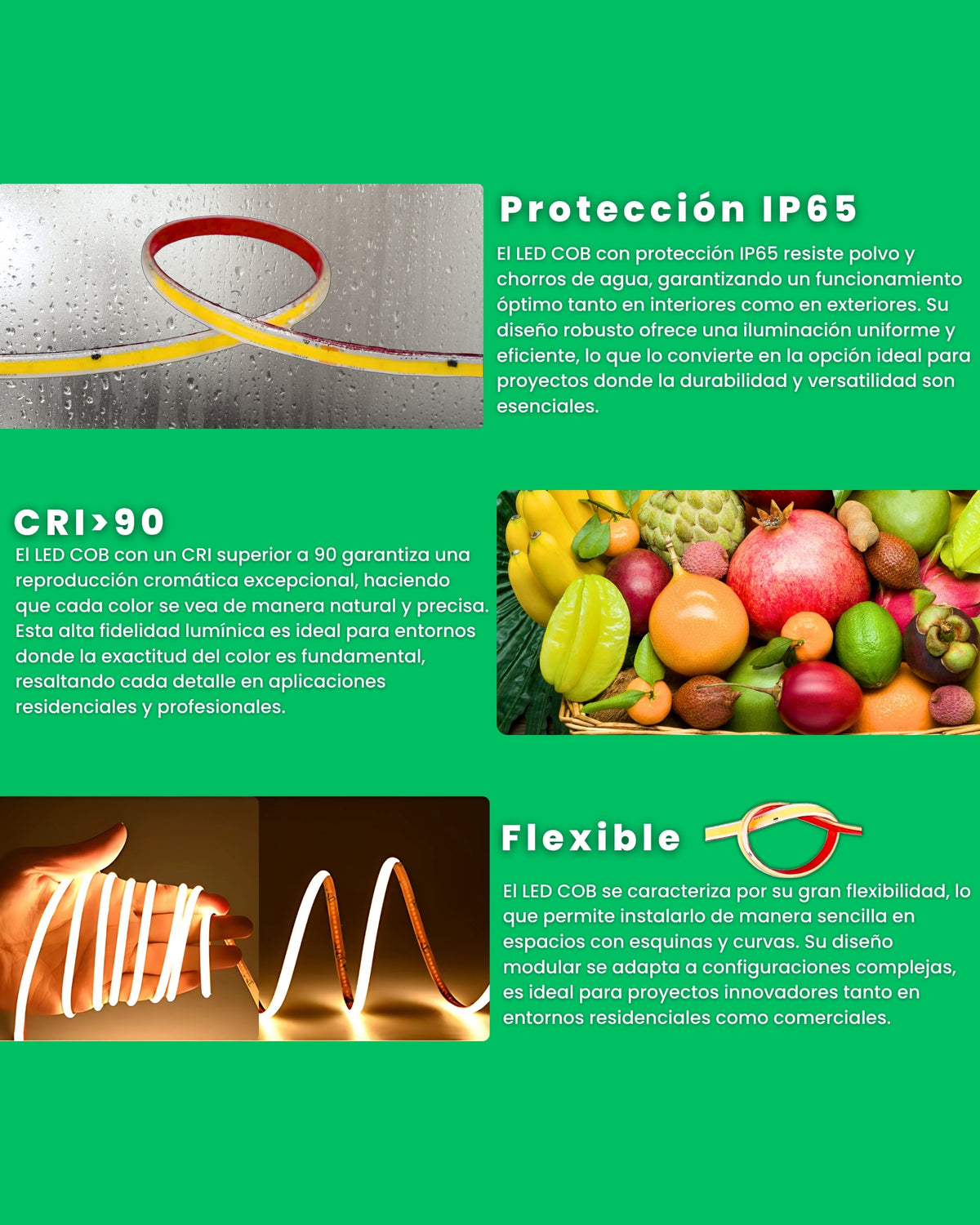 Tira LED COB con protección IP65, CRI>90 y flexible para adaptarse a esquinas y curvas
