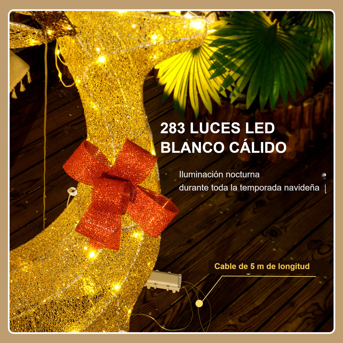 283 luces LED blanco cálido: detalle del lazo rojo y del cable de 5 m de los ciervos luminosos