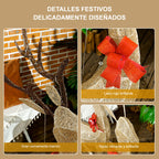 Detalles festivos: gran cornamenta marrón, lazo rojo brillante y tejido vibrante