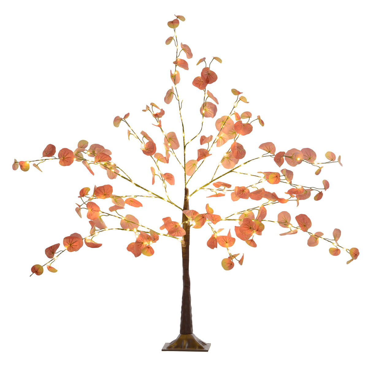 Árbol luminoso de 120 cm con hojas de eucalipto de otoño naranjas y 175 luces LED