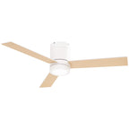 Ventilador de techo blanco con luz LED y 3 aspas de madera sobre fondo blanco