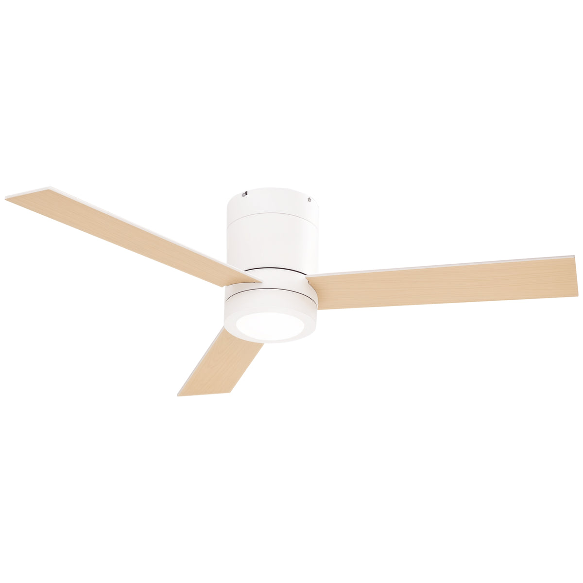 Ventilador de techo blanco con luz LED y 3 aspas de madera sobre fondo blanco