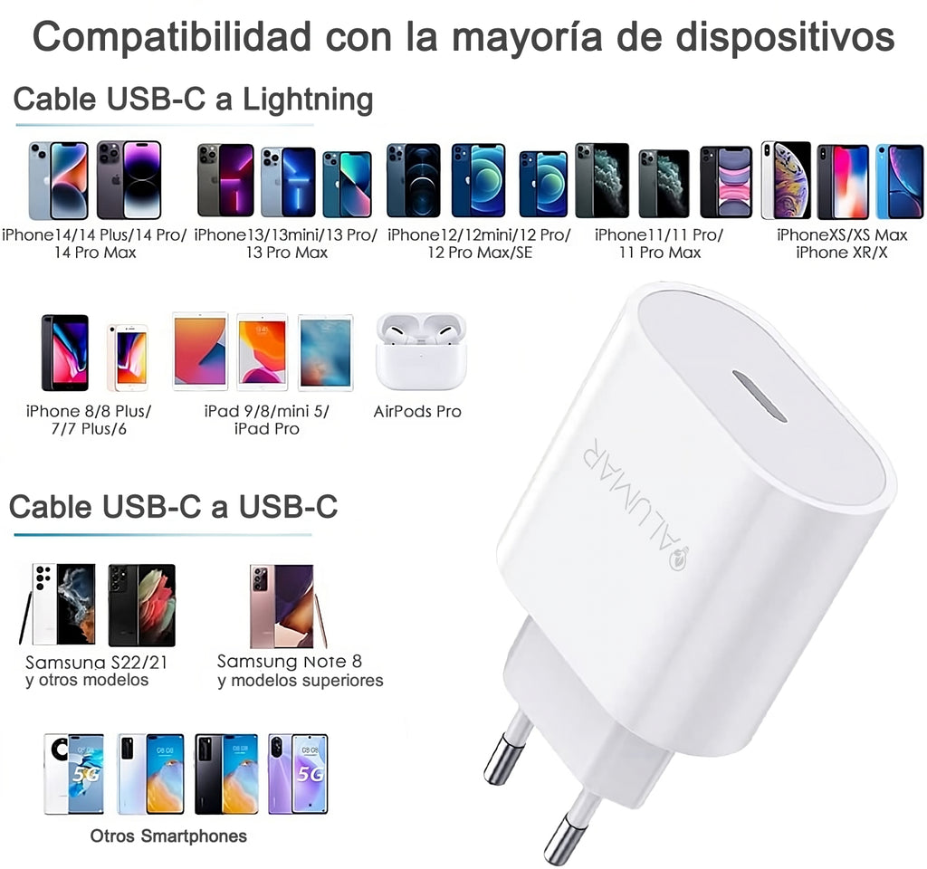 Cargador ALUMAR 20W USB-C compatible con iPhone y con móviles Android