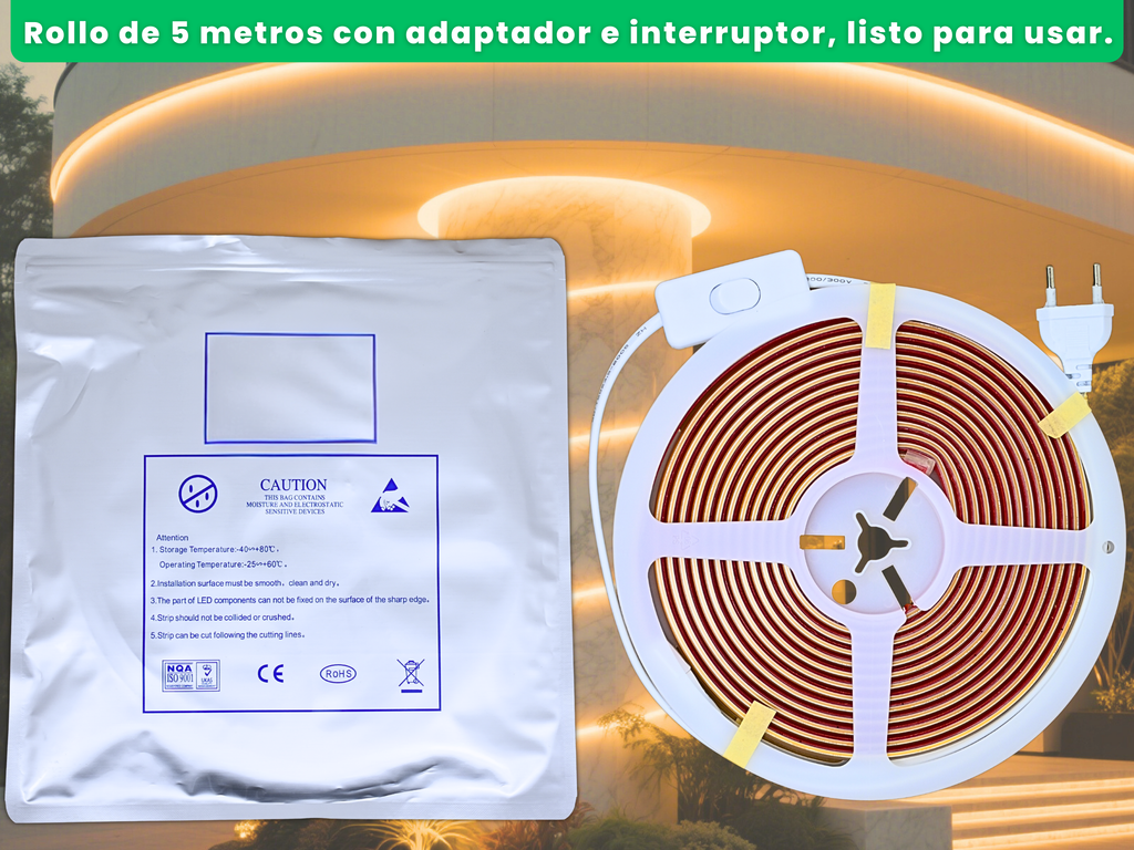 Contenido del paquete: rollo de tira LED COB de 5 metros con adaptador e interruptor, junto a su bolsa