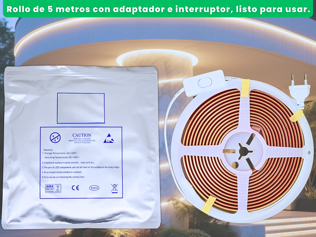 Contenido del paquete: rollo de tira LED COB de 5 metros con adaptador e interruptor, junto a su bolsa