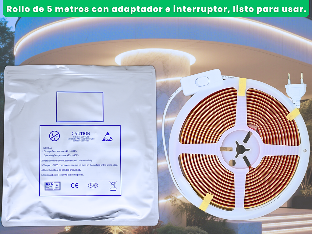 Contenido del paquete: rollo de tira LED COB de 5 metros con adaptador e interruptor, junto a su bolsa
