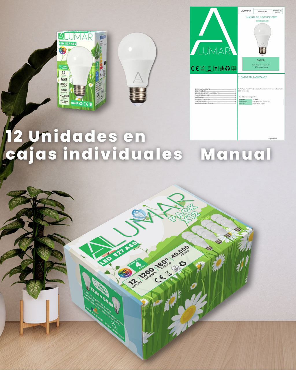 Pack de 12 bombillas LED E27 A60 12W 6500K Blanco frío ALUMAR en cajas individuales con manual