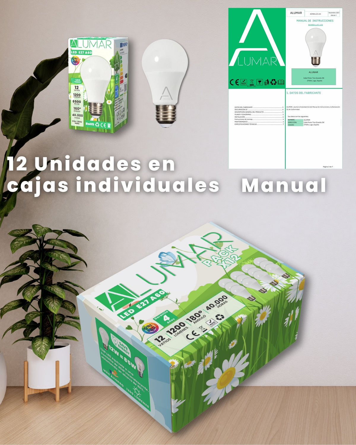 Pack de 12 bombillas LED E27 A60 12W 6500K Blanco frío ALUMAR en cajas individuales con manual