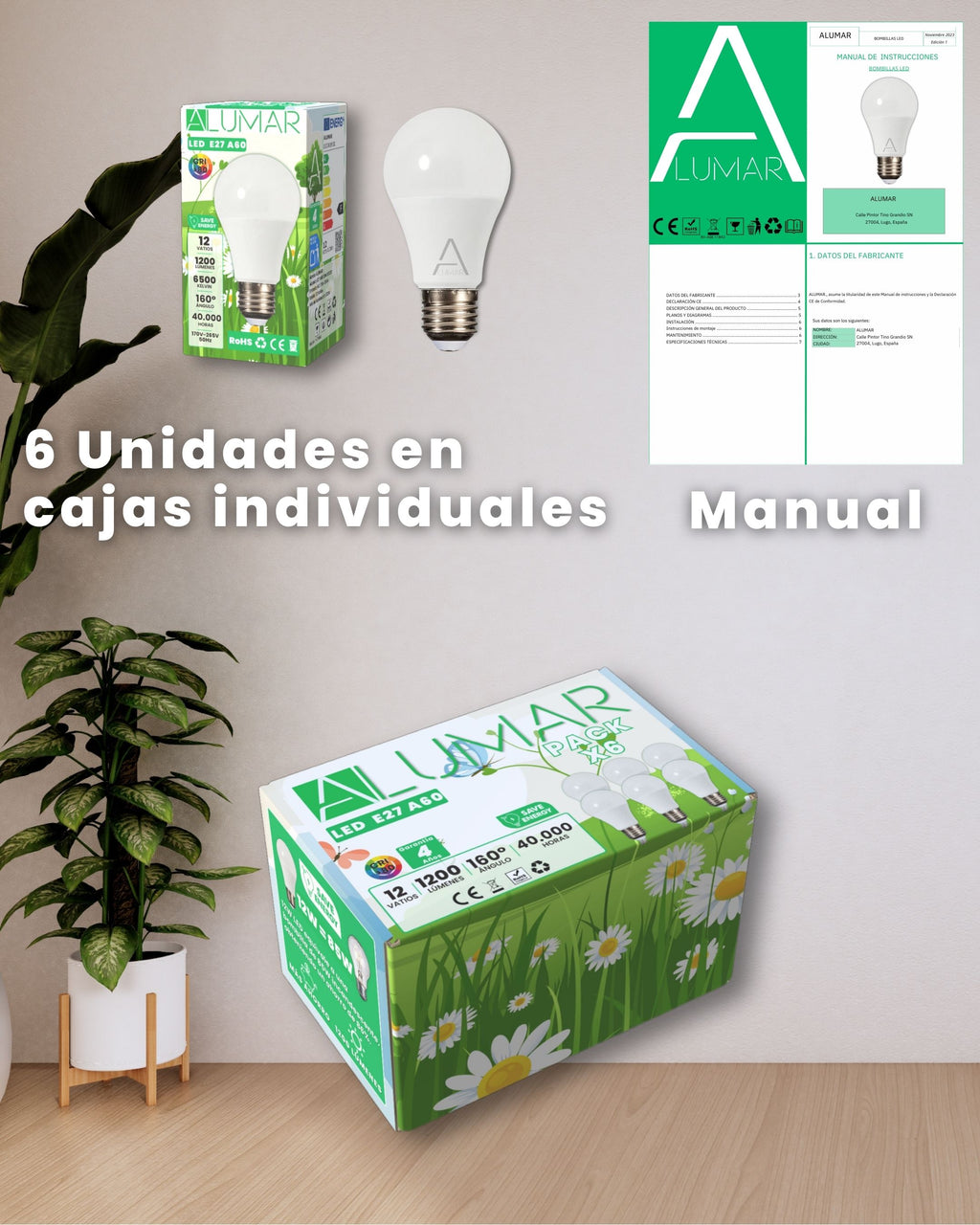 Pack de 6 bombillas LED E27 A60 12W 6500K Blanco frío ALUMAR en cajas individuales con manual