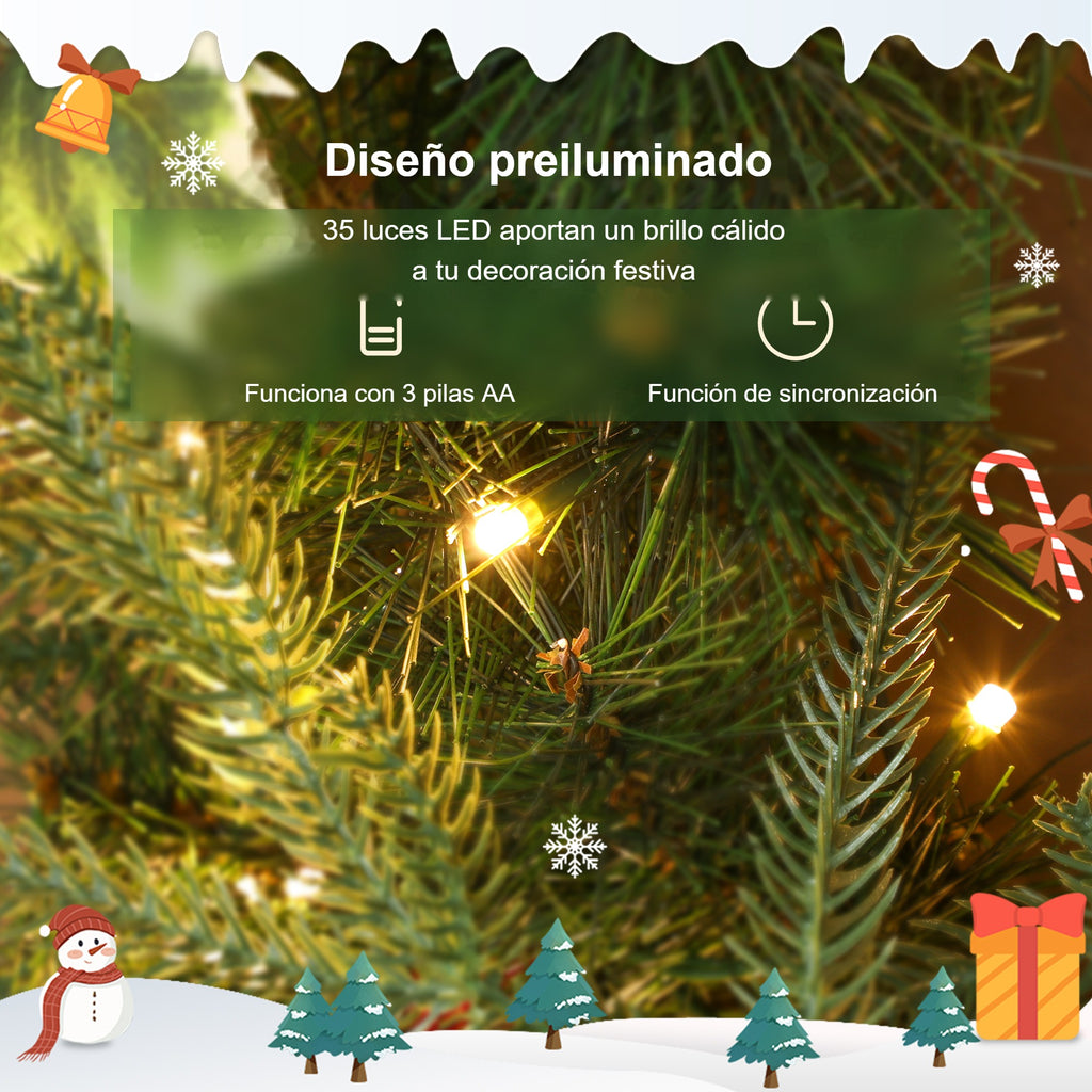 Diseño preiluminado: 35 luces LED, alimentación con 3 pilas AA y función de sincronización