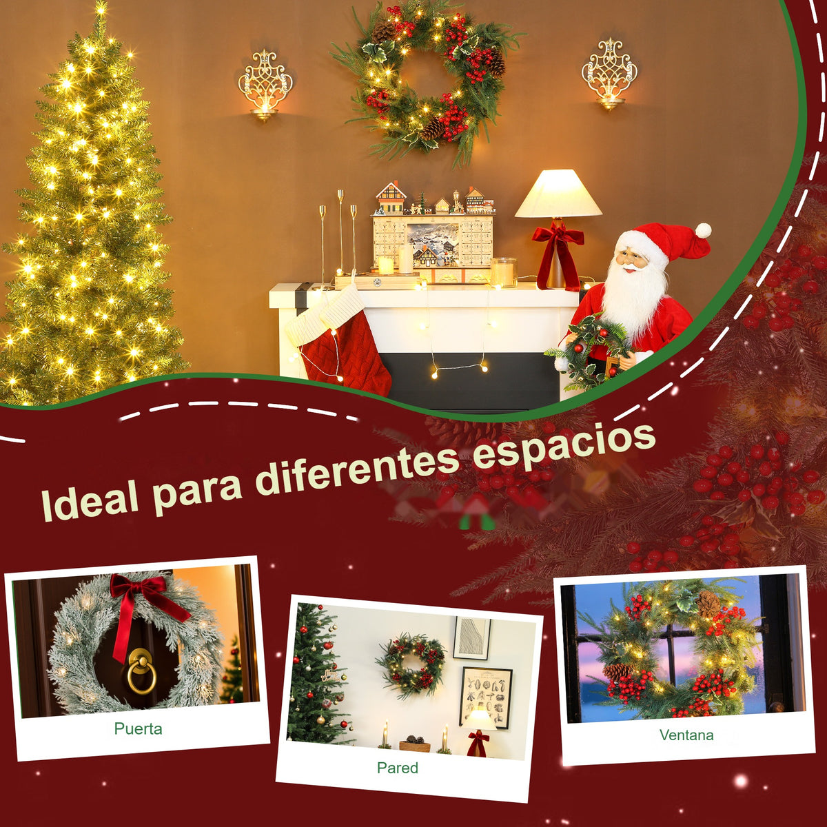 Ideal para diferentes espacios: la corona de Navidad en una puerta, una pared y una ventana