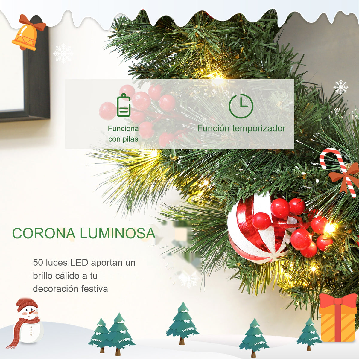 Corona luminosa: funcionamiento con pilas, función temporizador y 50 luces LED de luz cálida