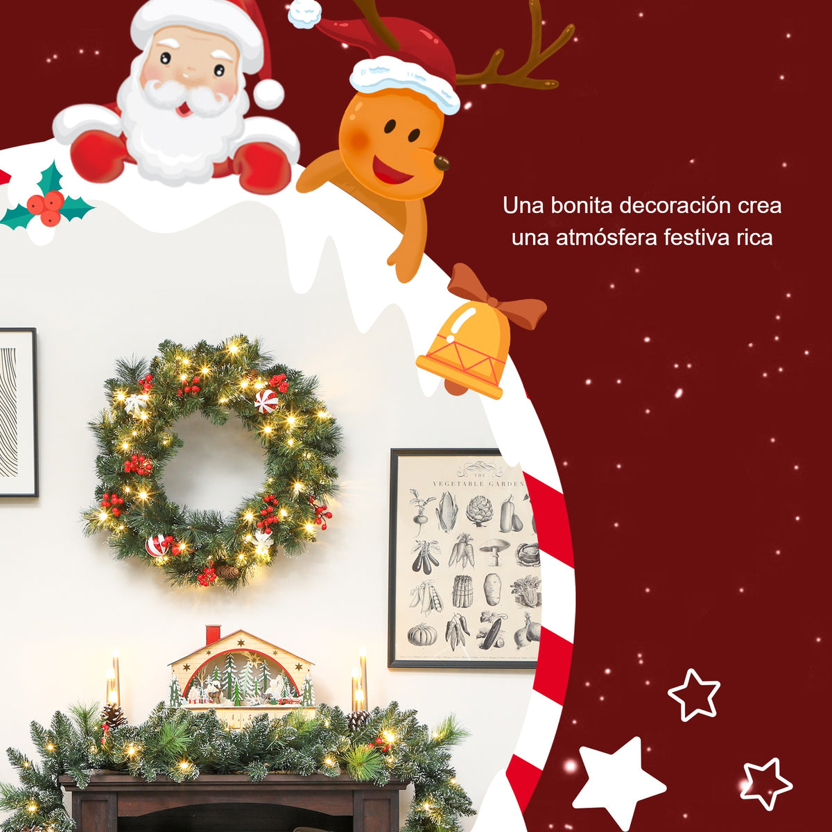 Una bonita decoración crea una atmósfera festiva rica: corona de Navidad sobre una chimenea