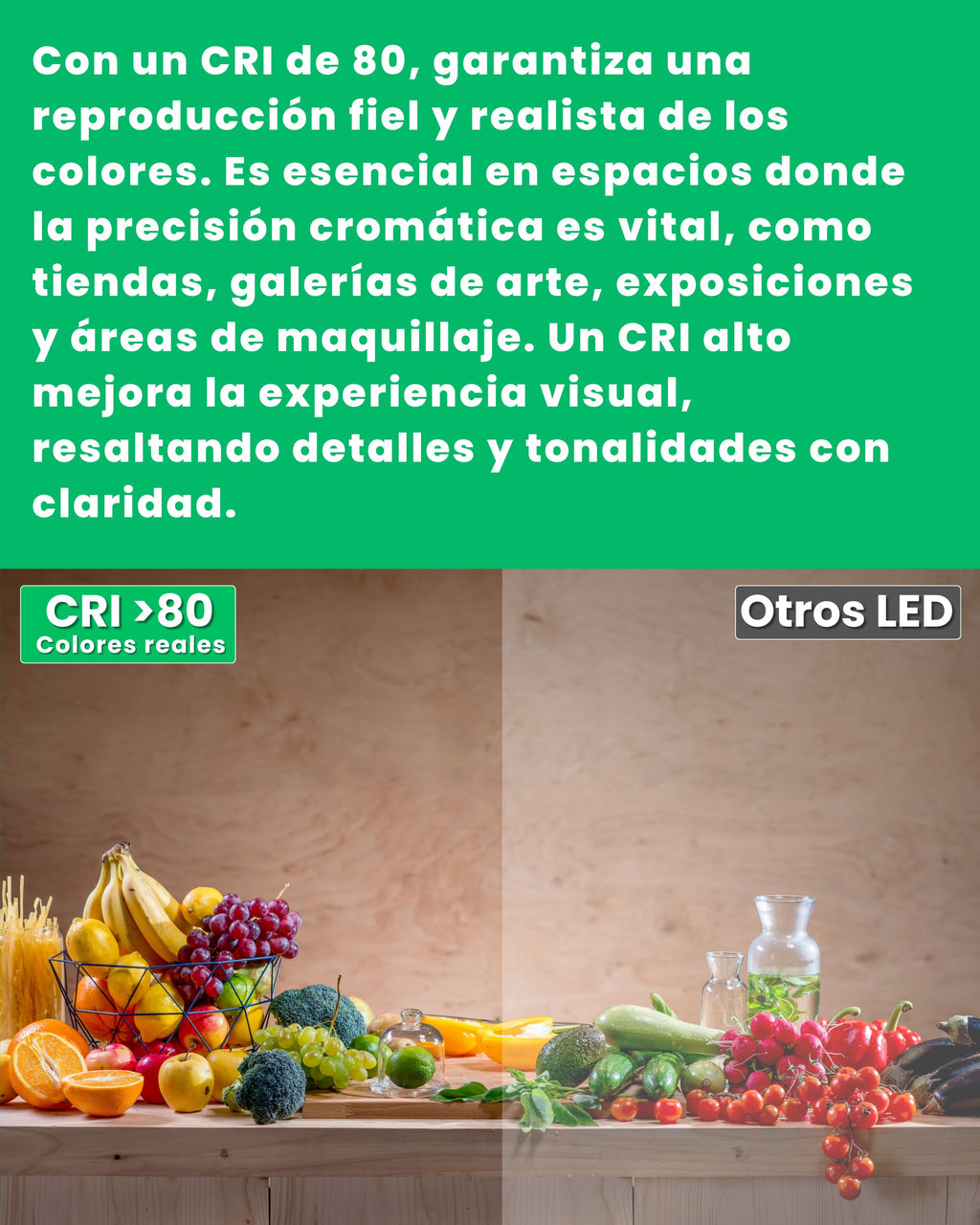 Bombilla LED E27 A60 6500K ALUMAR con CRI>80: colores reales en los objetos iluminados