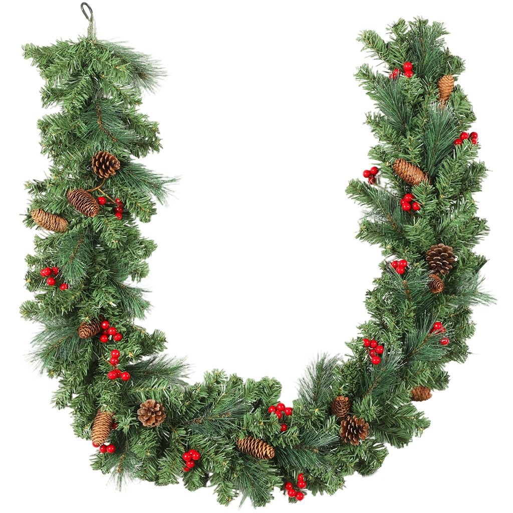 Guirnalda de Navidad artificial verde de 180 cm con piñas y bayas rojas, vista completa sobre fondo blanco