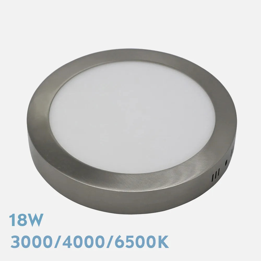 Downlight LED de superficie redondo acabado níquel de 22 cm de diámetro