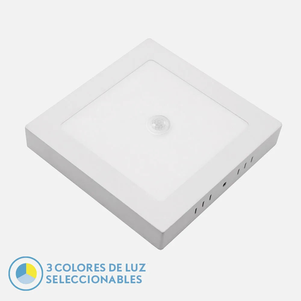 Downlight LED cuadrado de superficie blanco de 22 por 22 cm con sensor de movimiento