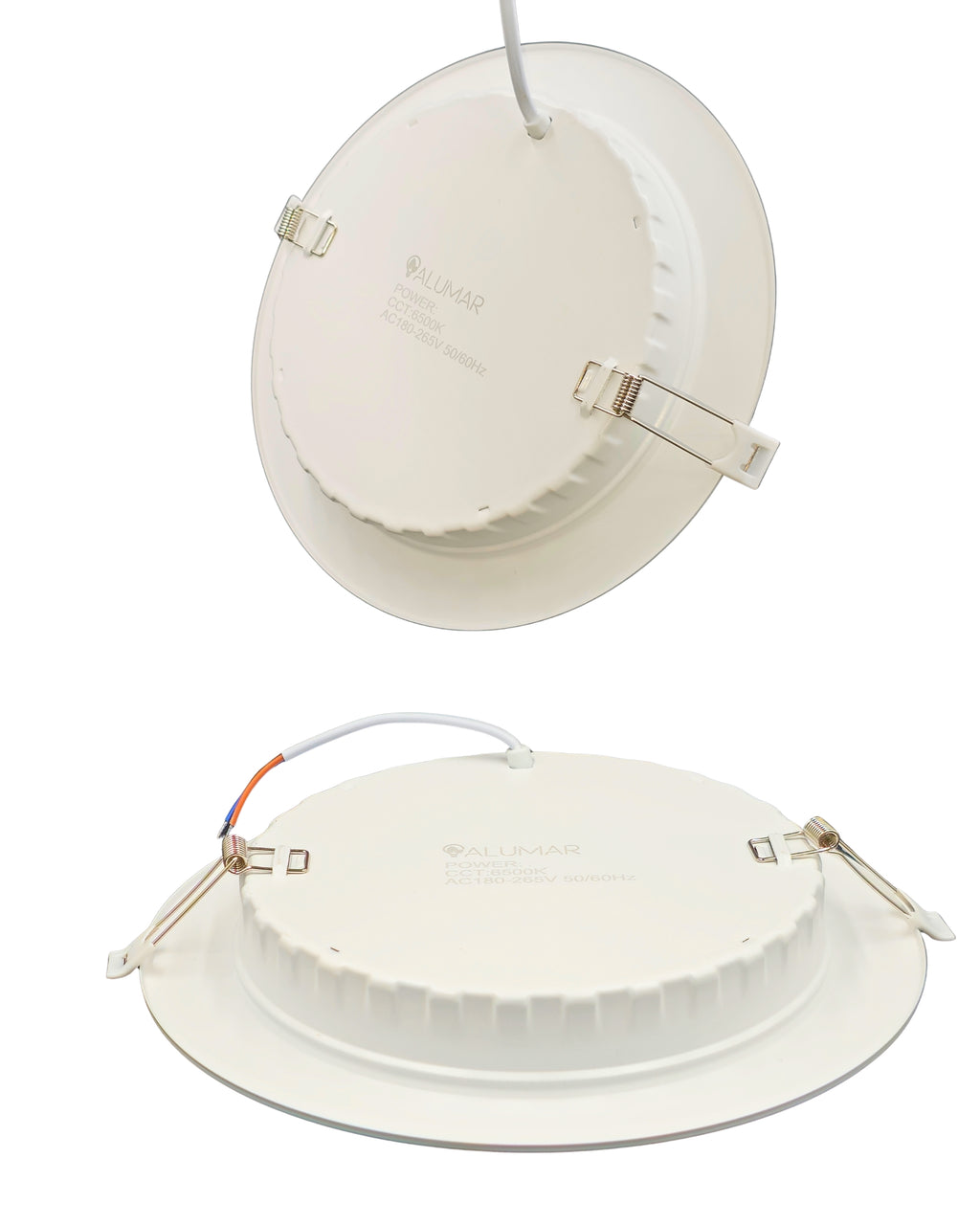 Parte trasera del downlight LED ALUMAR, con el cable y los agarres de fijación