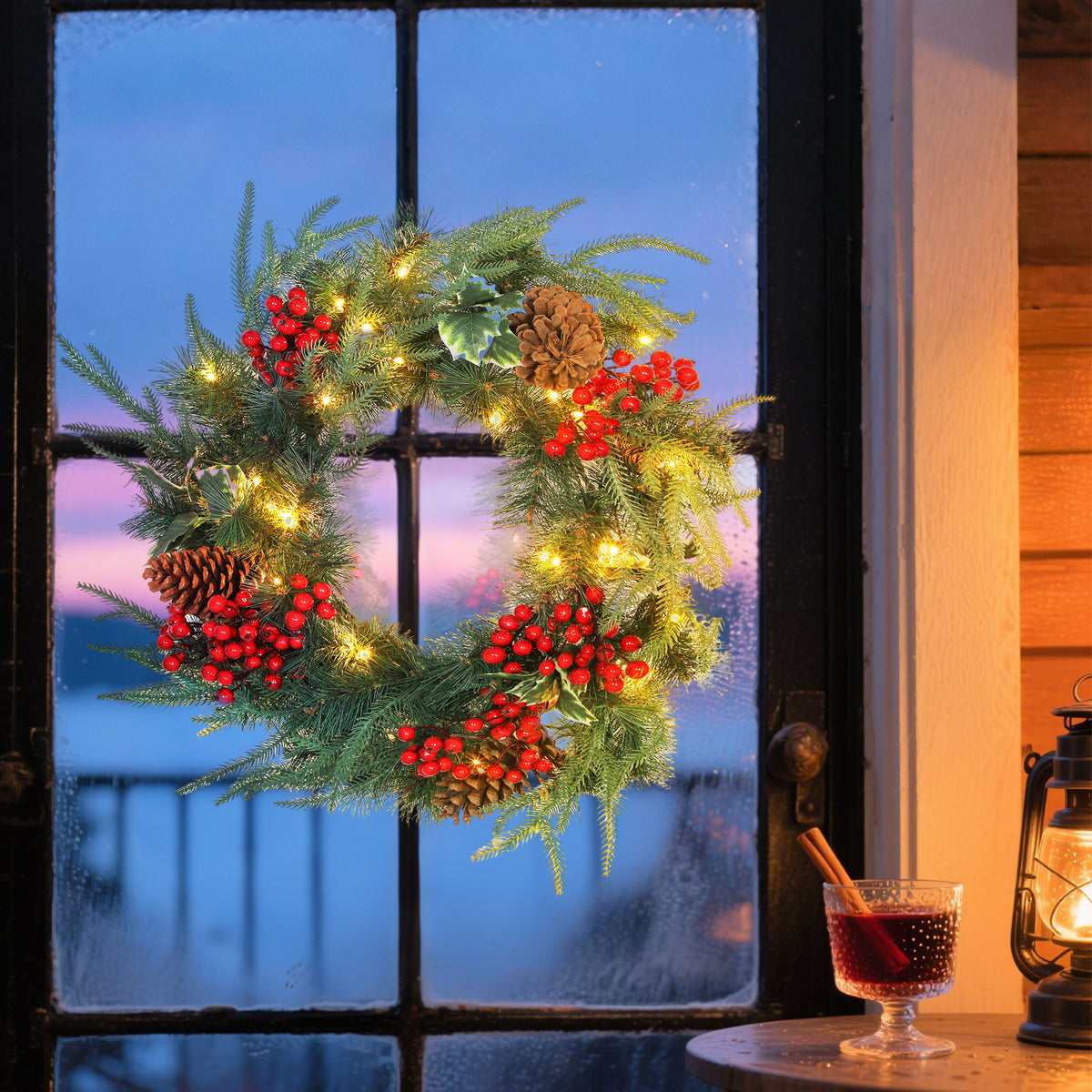 Corona de Navidad iluminada colgada en una ventana al atardecer junto a una copa de vino caliente