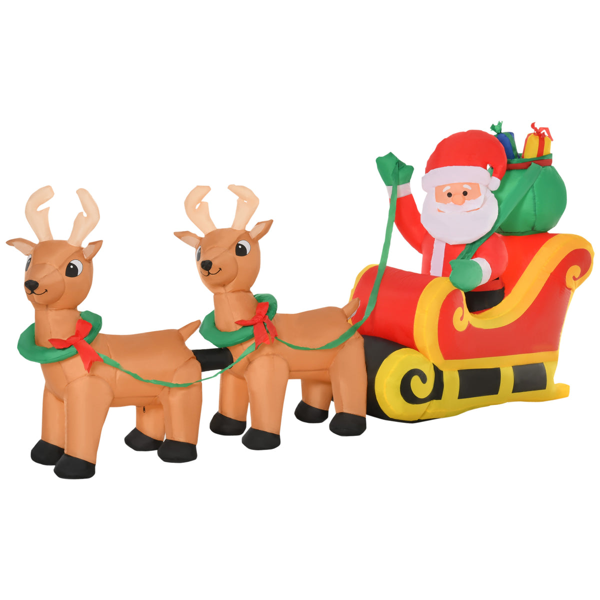 Papá Noel con trineo y renos hinchables, vista lateral completa sobre fondo blanco