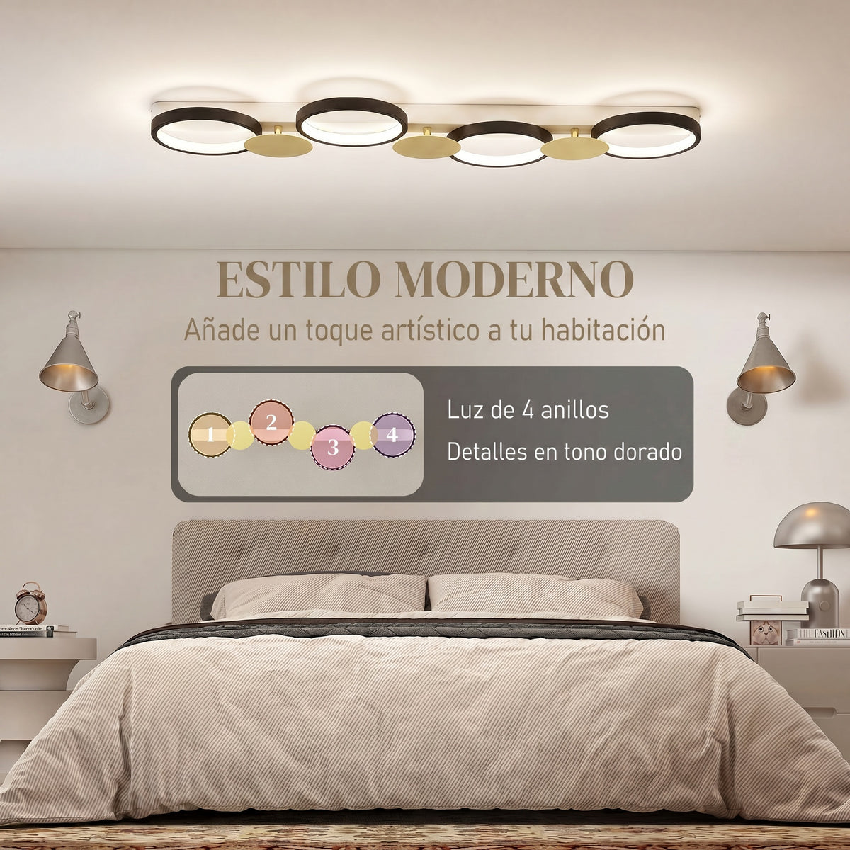 Plafón LED de techo con cuatro anillos negros y dorados, vista 4