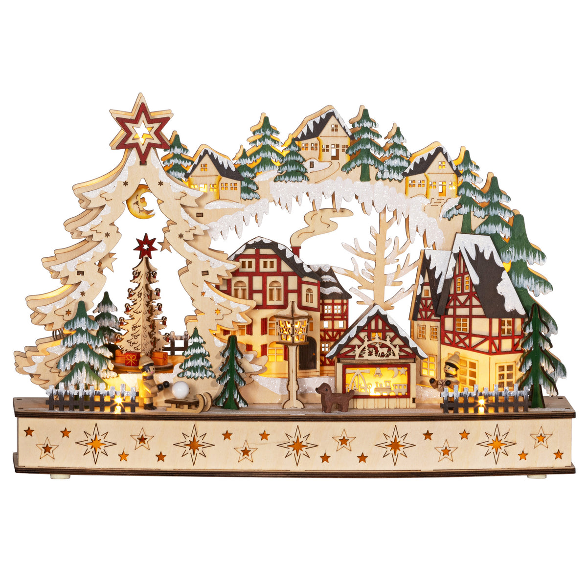 Pueblo navideño de madera con paisaje nevado y 20 LED encendidos, vista frontal sobre fondo blanco