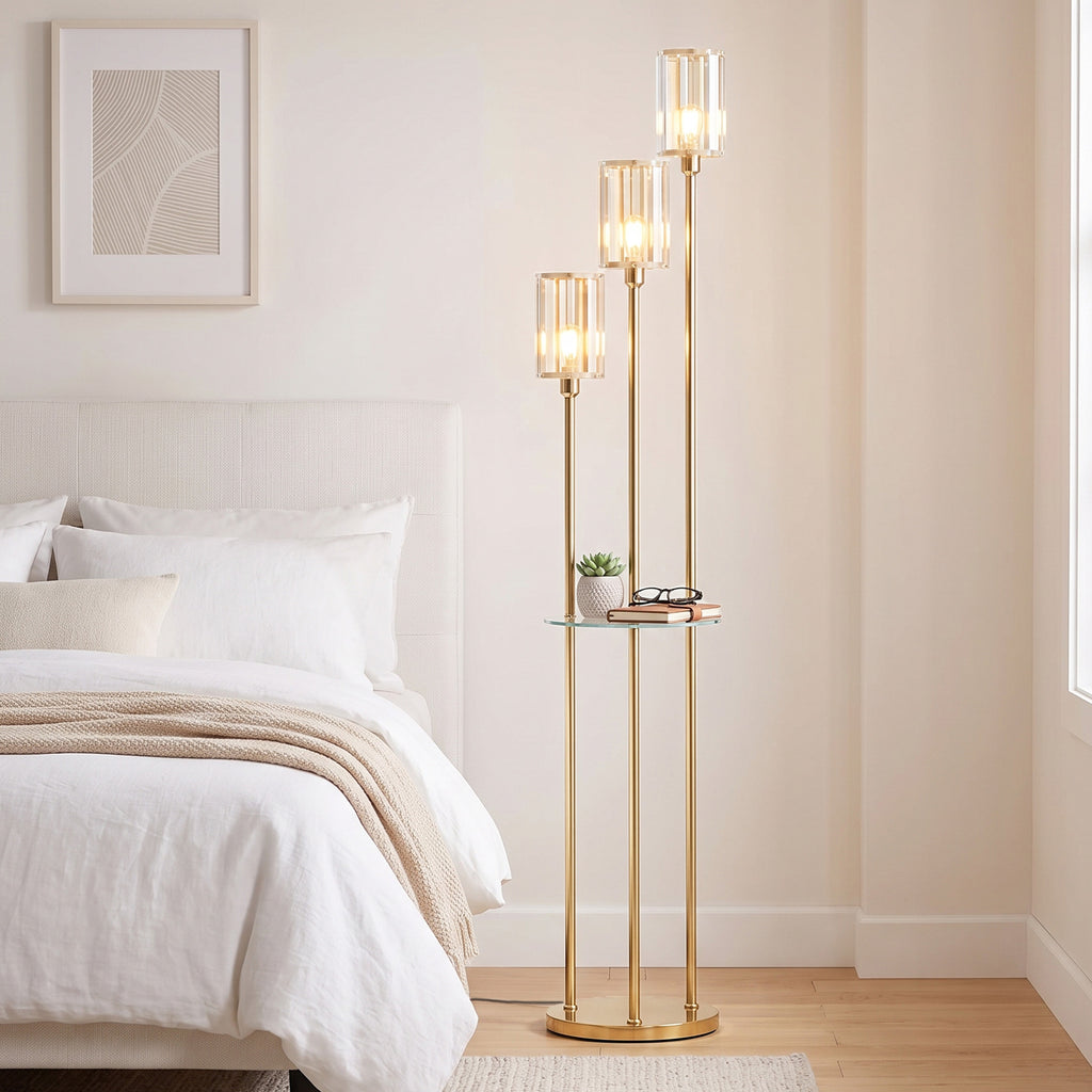 Lámpara de pie dorada de 3 luces con repisa de vidrio, vista 4