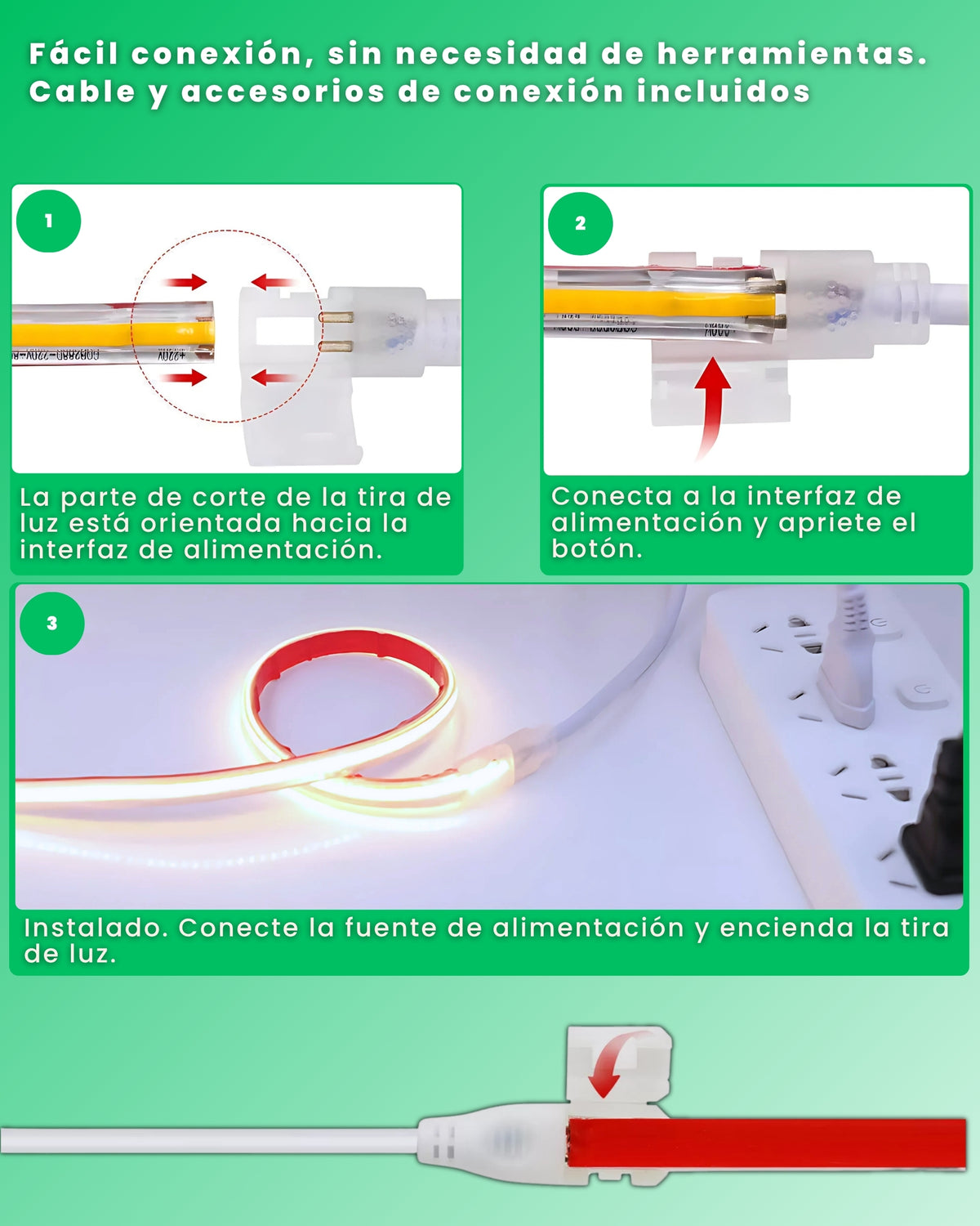 Cómo conectar la tira LED COB al adaptador en tres pasos y sin herramientas