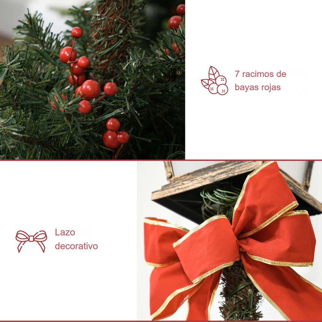 Siete racimos de bayas rojas y lazo decorativo del farol de Navidad