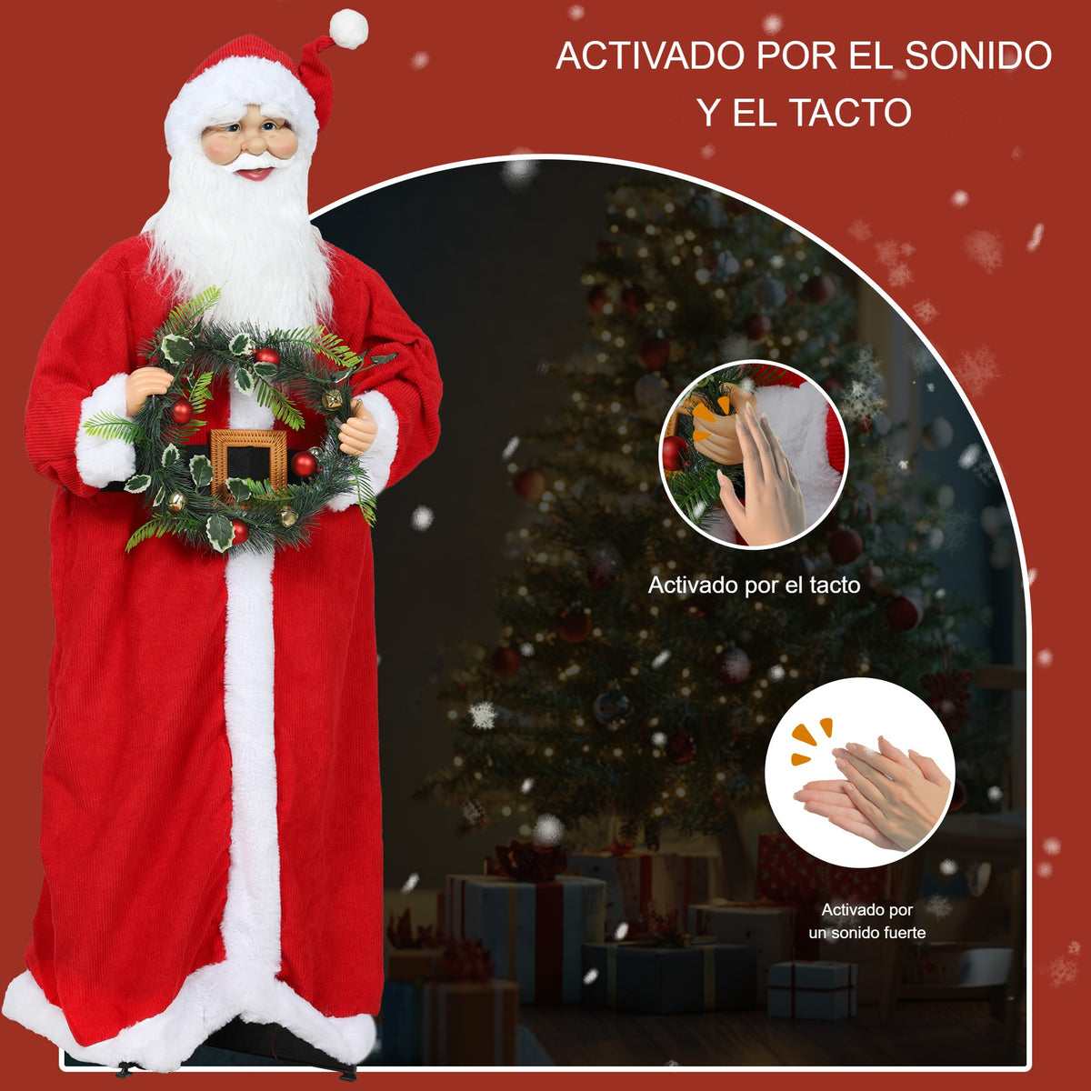 Activado por el sonido y el tacto: figura de Papá Noel con la mano que se activa al tocarla y con un sonido fuerte