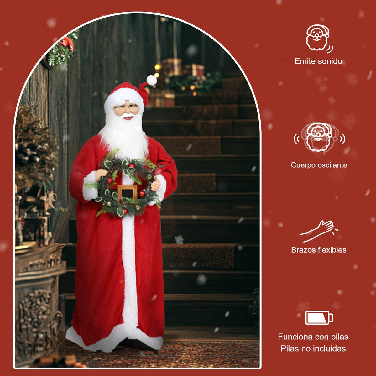 Funciones de la figura de Papá Noel: emite sonido, cuerpo oscilante, brazos flexibles y funciona con pilas no incluidas
