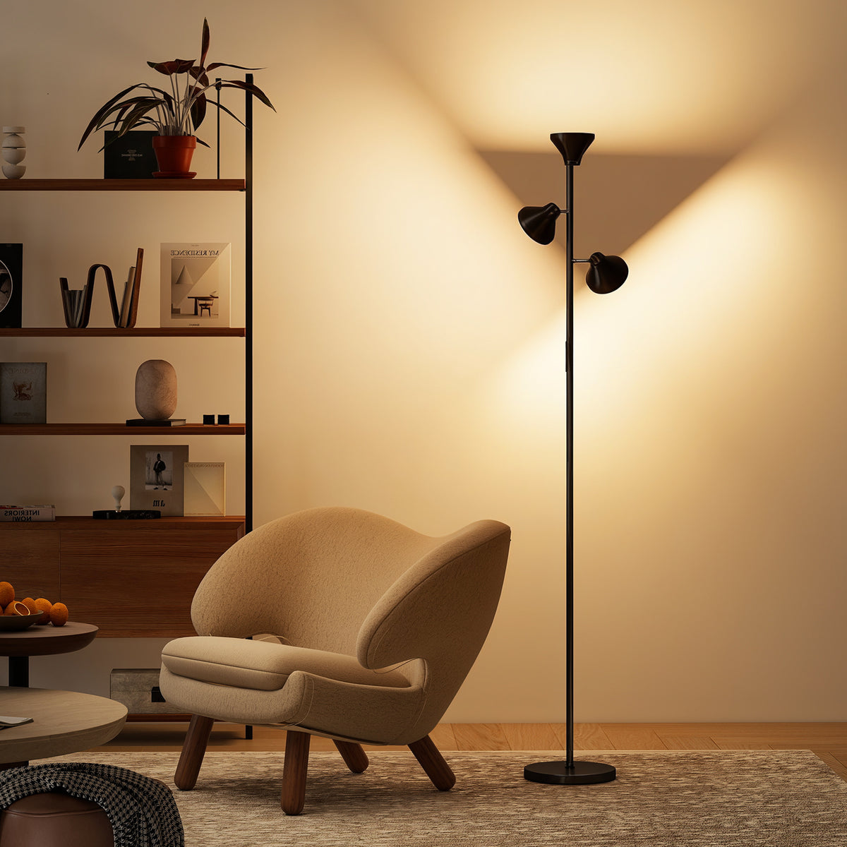 Lámpara de pie LED negra con 3 cabezas giratorias, vista 2