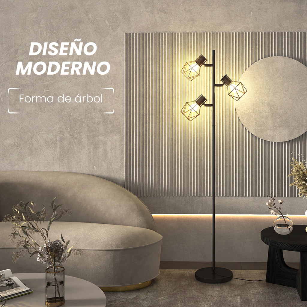Lámpara de pie en forma de árbol con 3 focos orientables e interruptores individuales · Negro