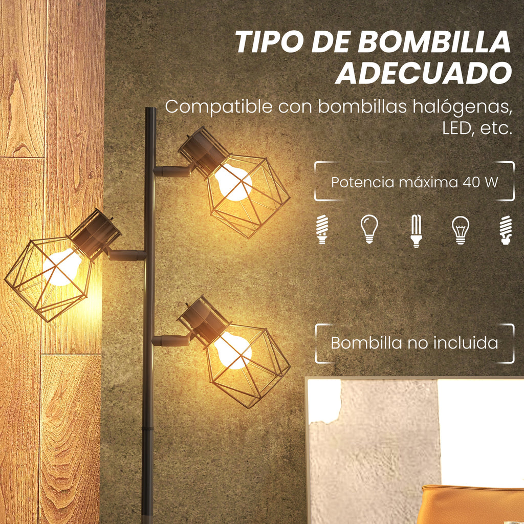 Lámpara de pie en forma de árbol con 3 focos orientables e interruptores individuales · Negro