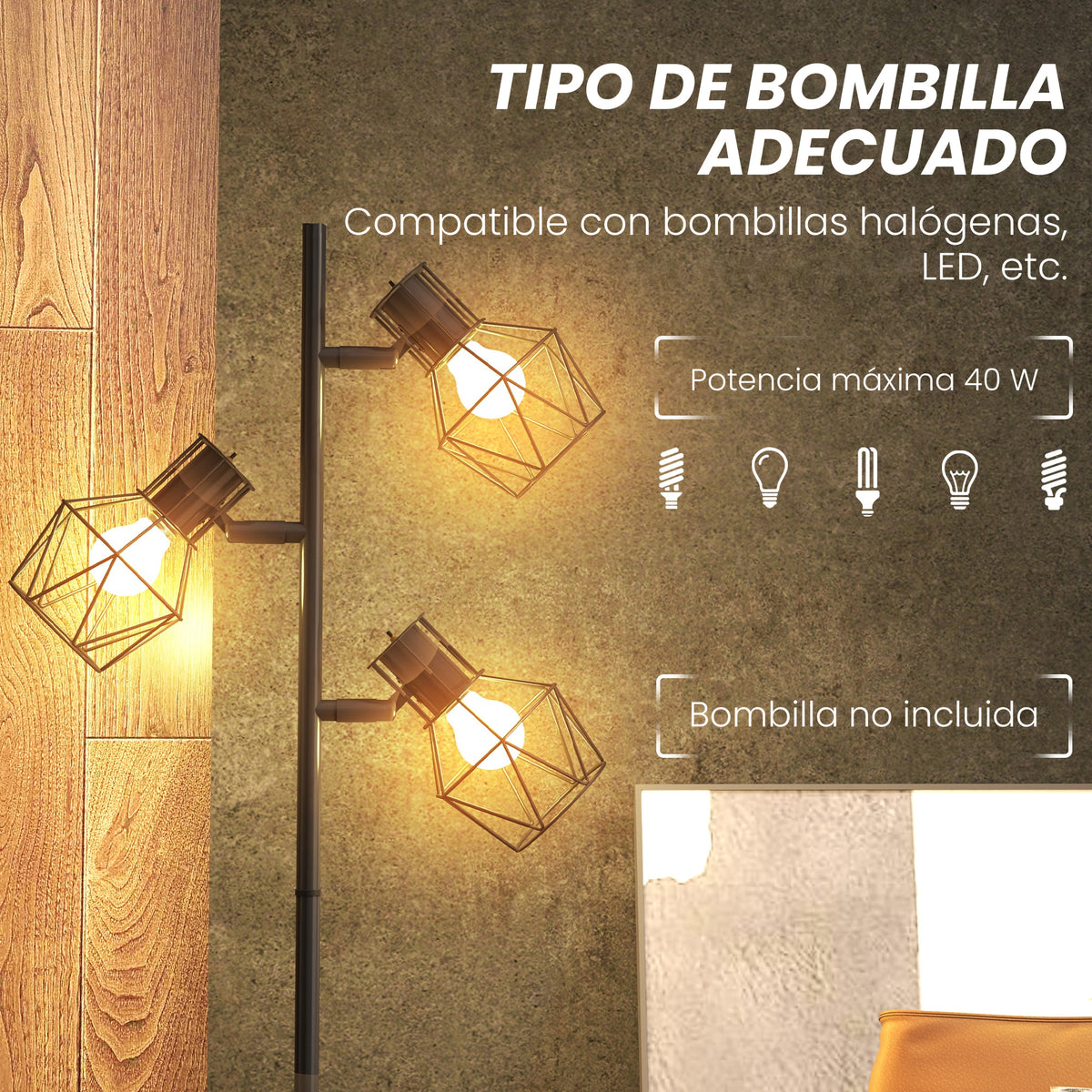 Lámpara de pie en forma de árbol con 3 focos orientables e interruptores individuales · Negro
