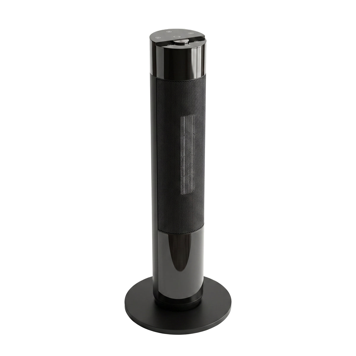 Calefactor de torre cerámico PTC negro de 2000 W sobre fondo blanco