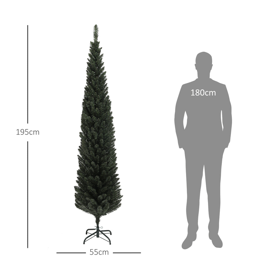 Medidas del abeto de Navidad estrecho: 195 cm de alto y 55 cm de diámetro, junto a una silueta de 180 cm
