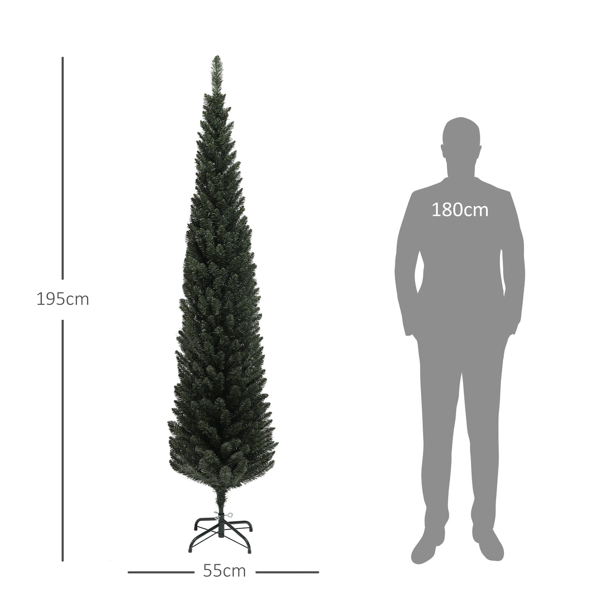 Medidas del abeto de Navidad estrecho: 195 cm de alto y 55 cm de diámetro, junto a una silueta de 180 cm