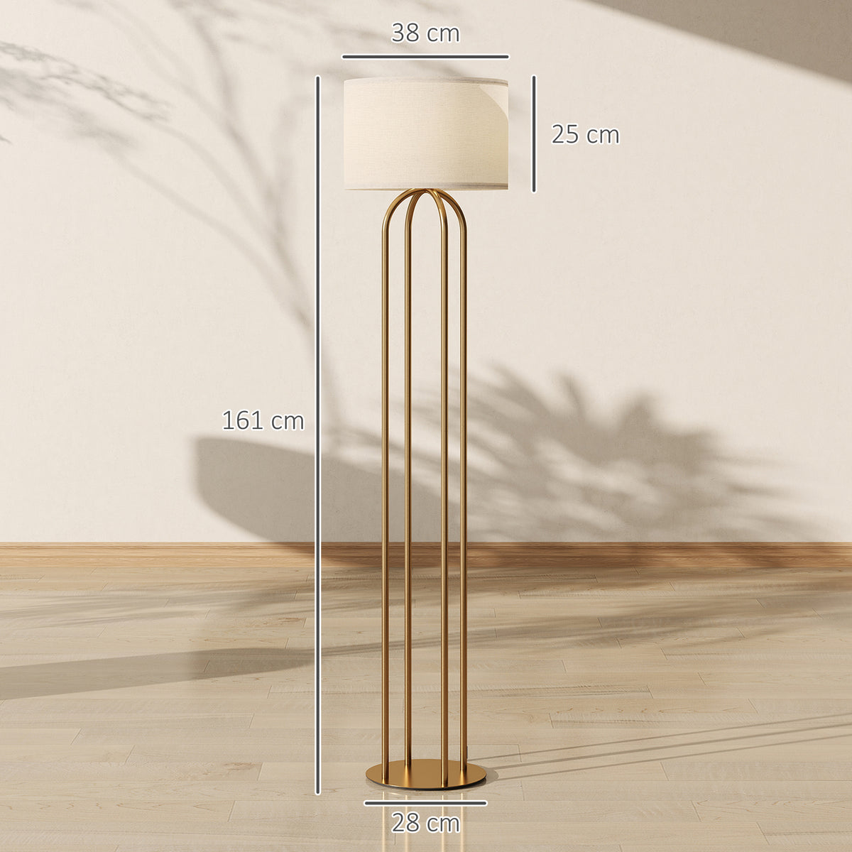 Lámpara de pie dorada de cuatro columnas con pantalla de lino beige, vista 3