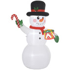 Muñeco de nieve hinchable de 180 cm con sombrero negro, bufanda roja, bastón de caramelo y un regalo, vista frontal sobre fondo blanco
